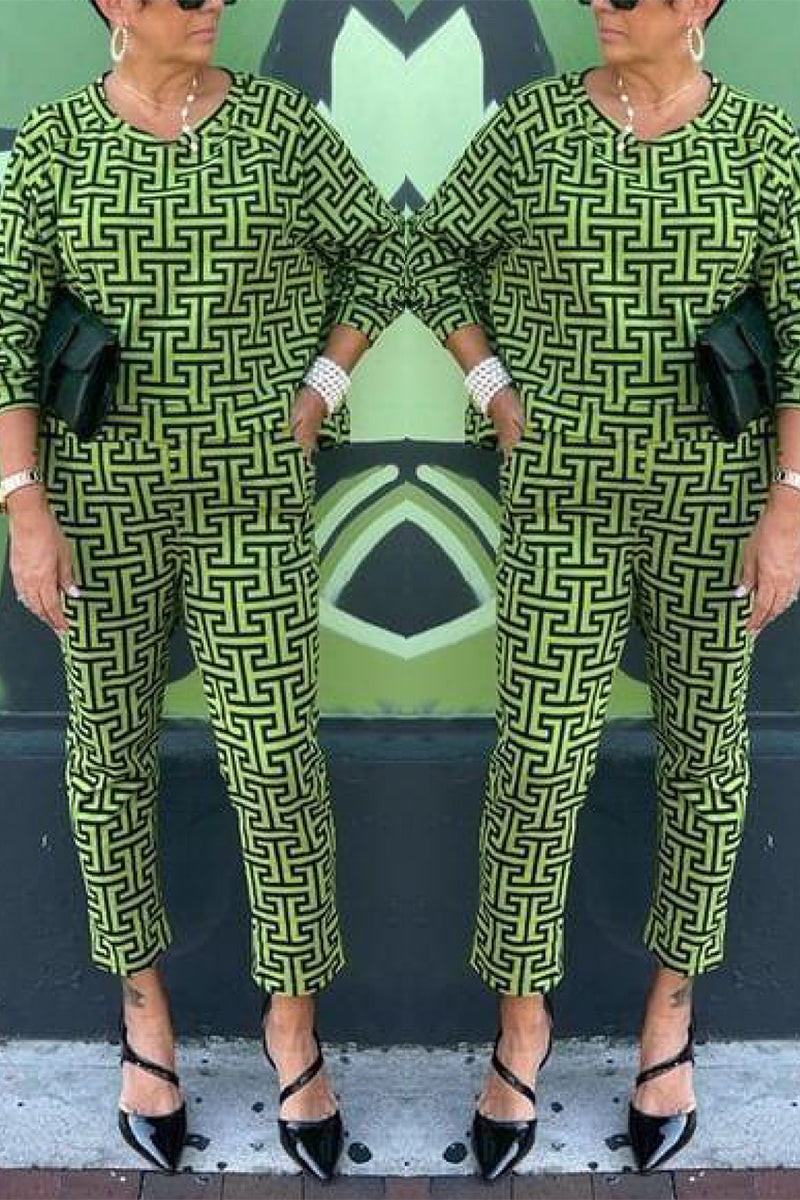 Casual Daily Geometric Printing With Bow O Neck Long Sleeve Two Pieces