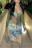 Fashion Sexy Print Bandage Hollowed Out V Neck Long Sleeve Two Pieces