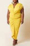 Sexy Solid Split Joint V Neck Pleated Plus Size Dresses
