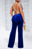 Sexy Solid Split Joint Chains Backless Spaghetti Strap Straight Jumpsuits