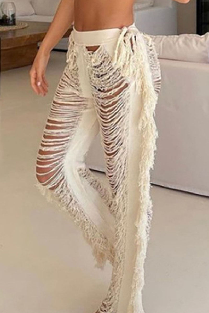 Sexy Solid Tassel Hollowed Out Split Joint Straight High Waist Straight Solid Color Bottoms