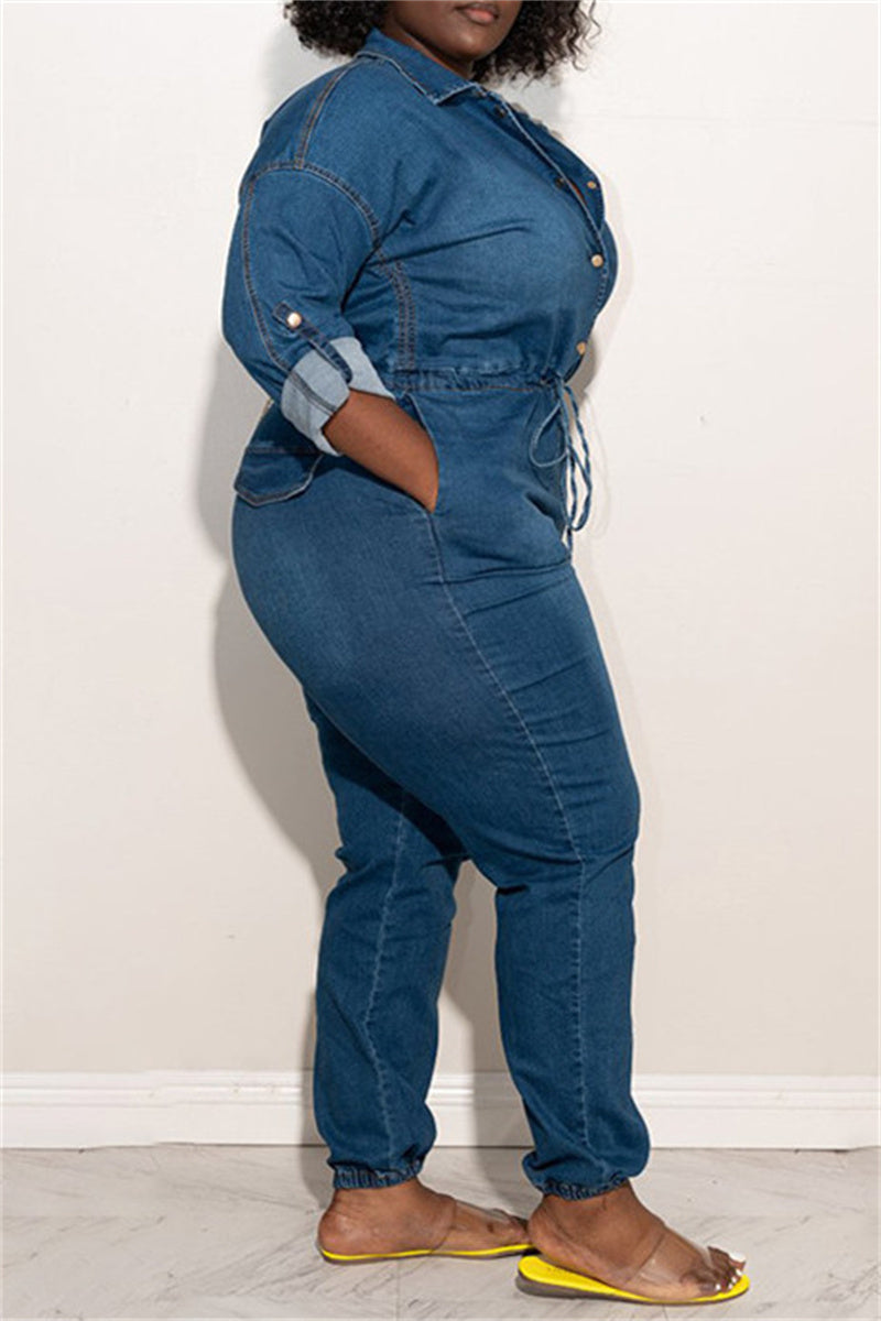Fashion Casual Solid Hollowed Out Split Joint Chains Turndown Collar Plus Size Jumpsuits