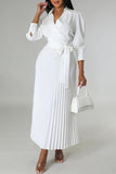 Elegant Solid Patchwork Frenulum Fold POLO collar Pleated Dresses(With Belt)