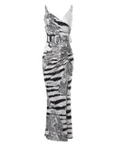 Zebra Stripe Tie Dye Print High Slit Drawstring Maxi Dress