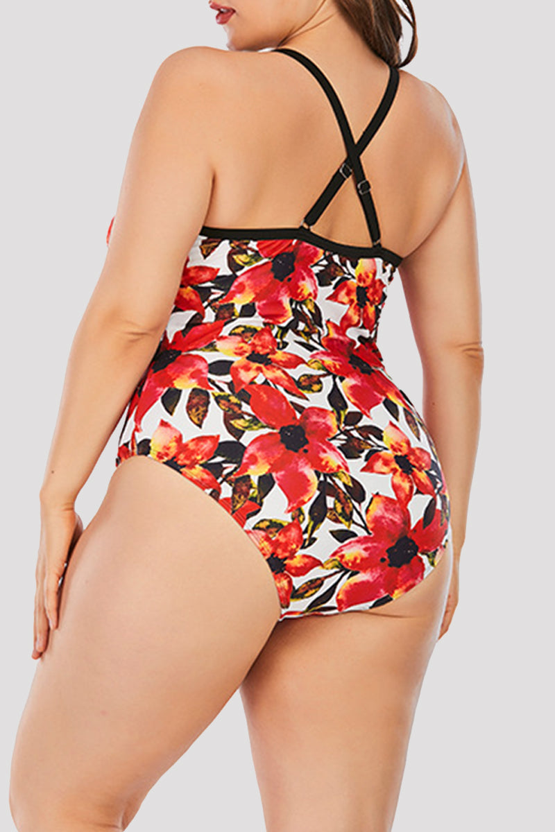 Fashion Sexy Patchwork Print See-through Backless V Neck Plus Size Swimwear