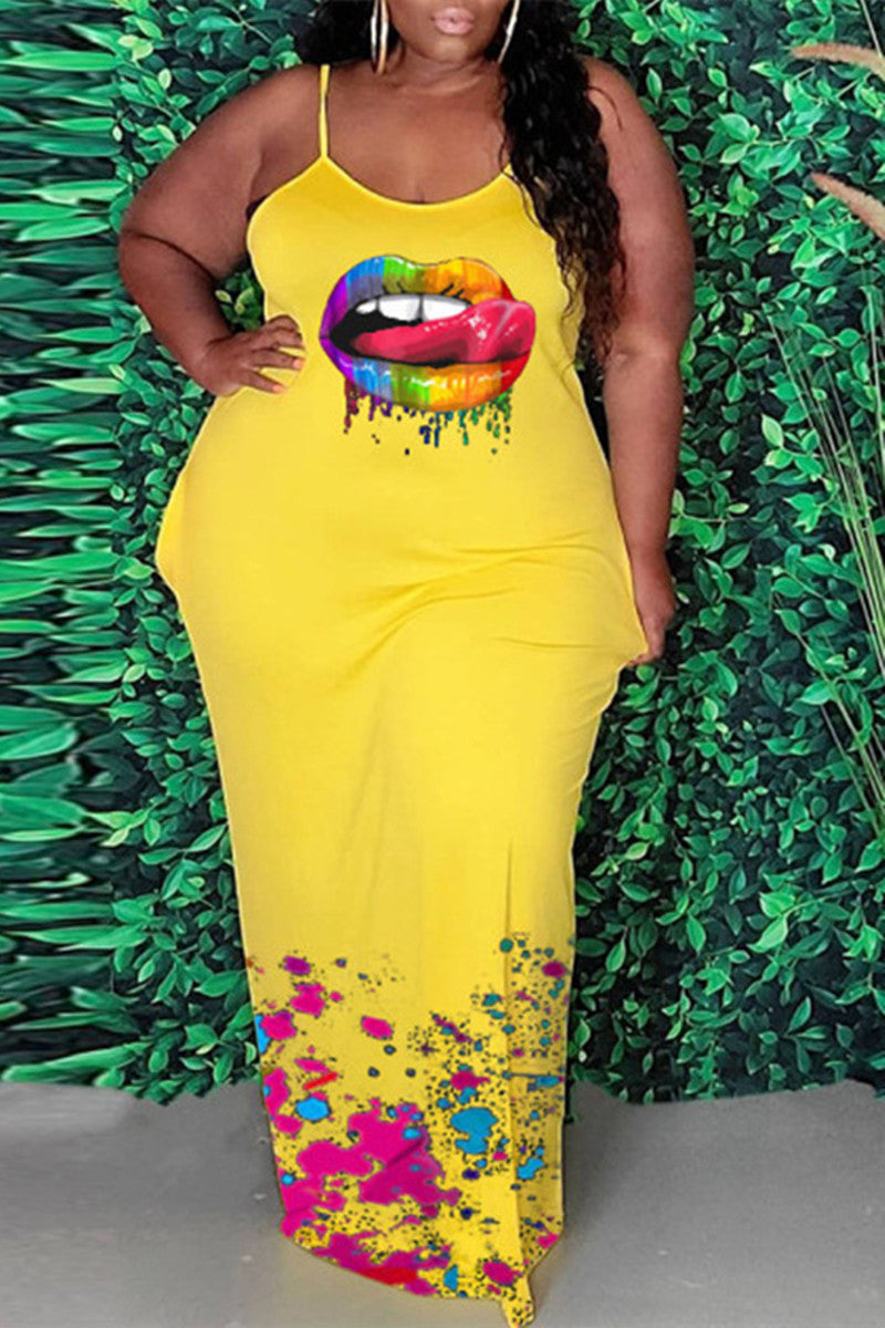 Sexy Casual Plus Size Lips Printed Backless Spaghetti Strap Long Dress