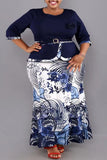 Casual Work Elegant Floral Patchwork Slit Contrast O Neck Wrapped Skirt Plus Size Two Pieces(With Belt)