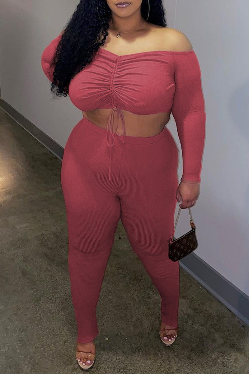 Sexy Casual Solid Bandage Backless Off the Shoulder Plus Size Two Pieces