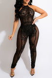 Fashion Sexy Patchwork Sequins See-through Backless Halter Skinny Jumpsuits