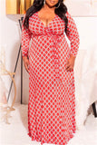Fashion Casual Plus Size Print With Belt V Neck Long Sleeve Dresses
