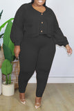 Fashion Casual Solid Split Joint V Neck Plus Size Two Pieces