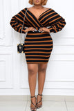 Fashion Casual Striped Print Basic V Neck Long Sleeve Plus Size Dresses