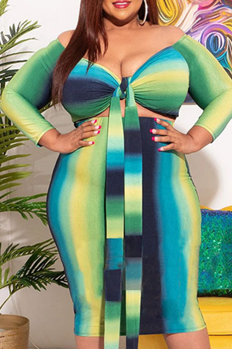 Sexy Print Hollowed Out Off the Shoulder Pencil Skirt Plus Size Dresses