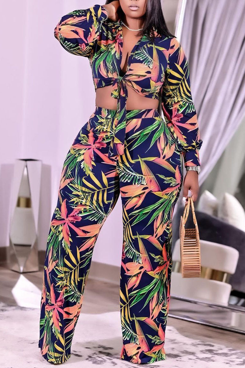 Casual Print Split Joint Turndown Collar Plus Size Two Pieces
