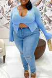 Fashion Casual Solid Slit V Neck Plus Size Tops