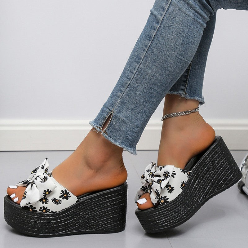 Casual Patchwork Printing With Bow Round Wedges Shoes (Heel Height 3.15in)