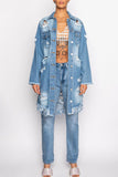 Casual Street Solid Ripped Make Old Patchwork Buckle Turndown Collar Long Sleeve Straight Denim Jacket
