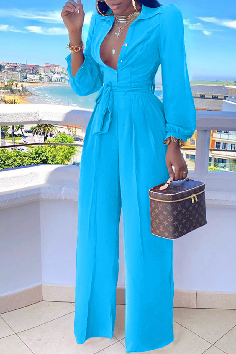 Casual Solid Split Joint Turndown Collar Straight Jumpsuits
