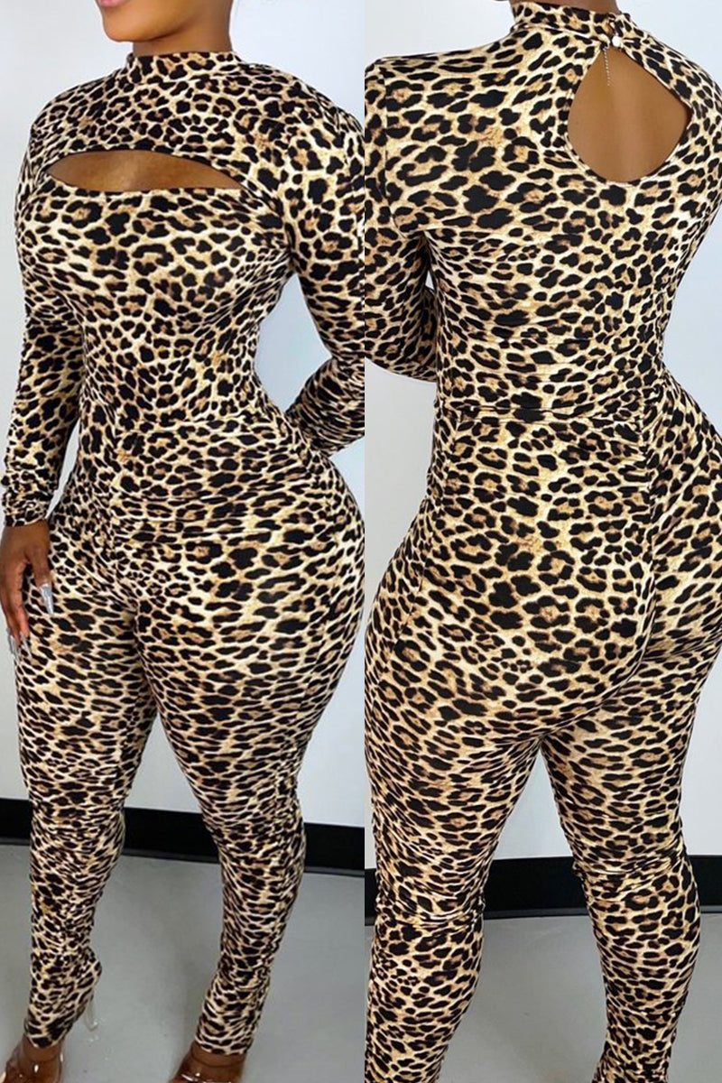 Fashion Sexy Print Leopard Hollowed Out Half A Turtleneck Skinny Jumpsuits