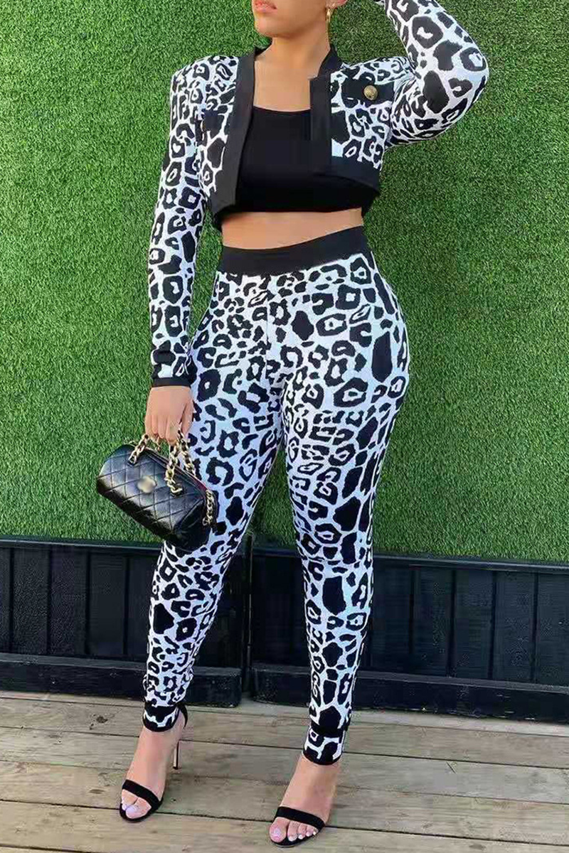 Sexy Leopard Split Joint O Neck Long Sleeve Three Pieces
