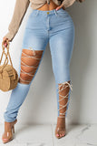 Fashion Casual Solid Bandage Hollowed Out High Waist Skinny Jeans