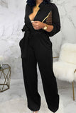 Casual Solid Bandage Split Joint Buckle Turndown Collar Straight Jumpsuits