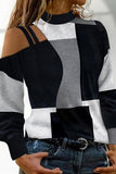 Casual Geometric Print Hollowed Out Patchwork Half A Turtleneck Tops