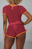 Sexy Solid Split Joint O Neck Short Sleeve Two Pieces