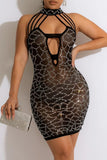 Fashion Sexy Patchwork Hot Drilling Hollowed Out Backless Turtleneck Sleeveless Dress
