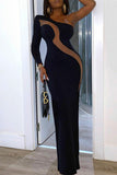 Fashion Sexy Patchwork See-through Backless Oblique Collar Evening Dress