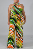 Sexy Striped Print Bandage Split Joint Backless Halter Straight Jumpsuits