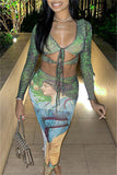 Fashion Sexy Print Bandage Hollowed Out V Neck Long Sleeve Two Pieces