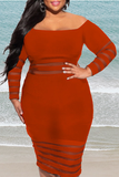 Sexy Solid Ripped Split Joint Bateau Neck Long Sleeve Knee Length Pencil Skirt Dresses