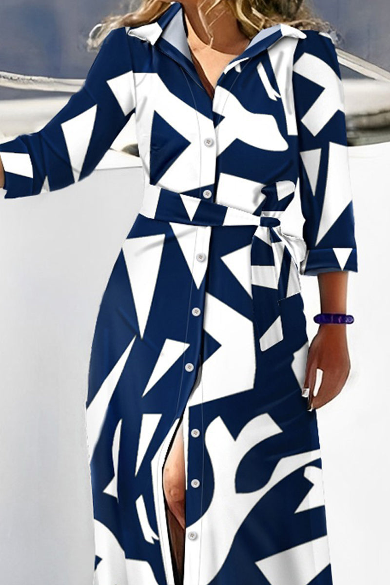 Elegant Plaid Geometric Striped Bandage Patchwork Buckle Printing Shirt Collar Printed Dress Dresses