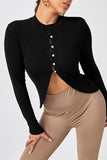 Fashion Casual Solid Buttons Slit O Neck Tops
