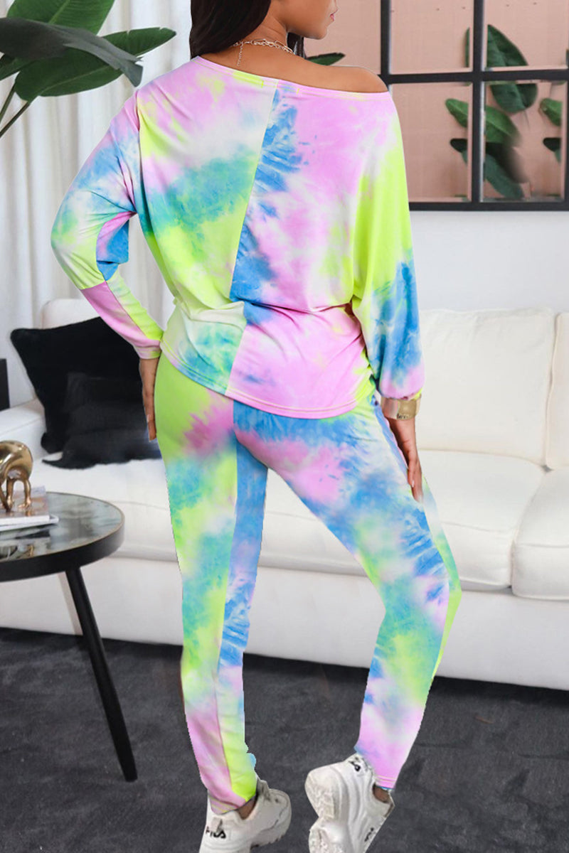 Fashion Casual Tie Dye Printing Oblique Collar Long Sleeve Two Pieces