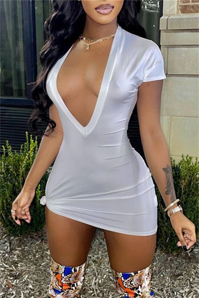 Sexy Casual Solid Basic V Neck Short Sleeve Dress Dresses