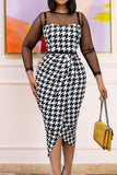 Elegant Plaid Print Split Joint See-through Asymmetrical O Neck One Step Skirt Dresses