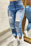 Fashion Casual Print Ripped High Waist Regular Jeans