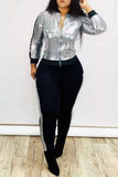 Fashion Casual Patchwork Sequins Zipper Collar Long Sleeve Two Pieces
