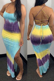 Sexy Print Split Joint Backless Slit Spaghetti Strap Straight Dresses
