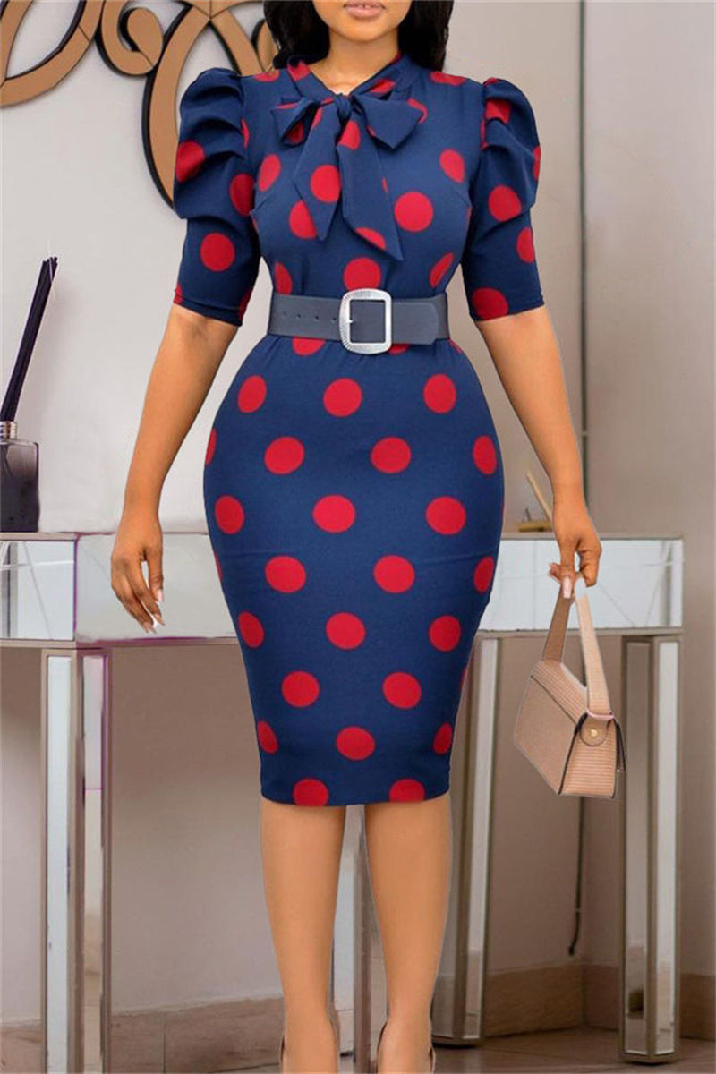 Fashion Casual Dot Print With Belt O Neck Pencil Skirt Dresses