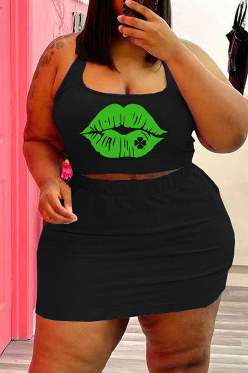 Sexy Casual Lips Printed Backless U Neck Plus Size Two Pieces