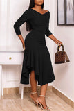 Fashion Casual Solid Asymmetrical V Neck Long Sleeve Dresses