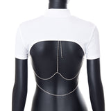 Street Patchwork Metal Accessories Decoration Backless Half A Turtleneck High Waist Tops(Without Necklaces)