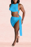 Sexy Solid Split Joint O Neck Sleeveless Two Pieces