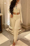 Fashion Sexy Solid Tassel Bandage O Neck Long Sleeve Two Pieces