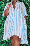 Casual Striped Print Split Joint Buckle Turndown Collar Shirt Dress Plus Size Dresses