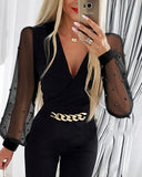 Beaded Sheer Mesh Patch Chain Decor Jumpsuit