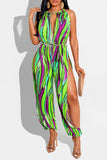 Sexy Print Hollowed Out Split Joint Slit O Neck Straight Jumpsuits